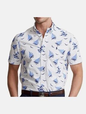 Polo by Ralph Lauren White Short-Sleeve Button-Down with Blue Sailboat Print
